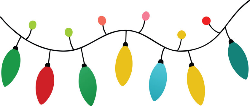Colorful christmas lights on a string against a white background