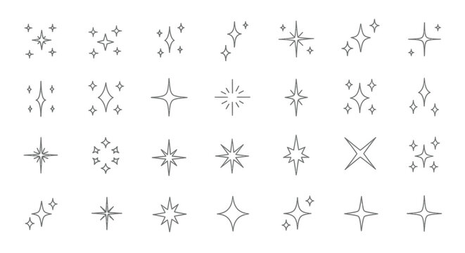 Set of sparkling star icons in various simple line art styles perfect for graphic design and decoration applications like twinkling lights or glitter effects.