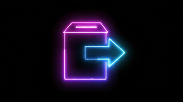 Neon illuminated digital data transfer concept of a file being extracted with an arrow on black background