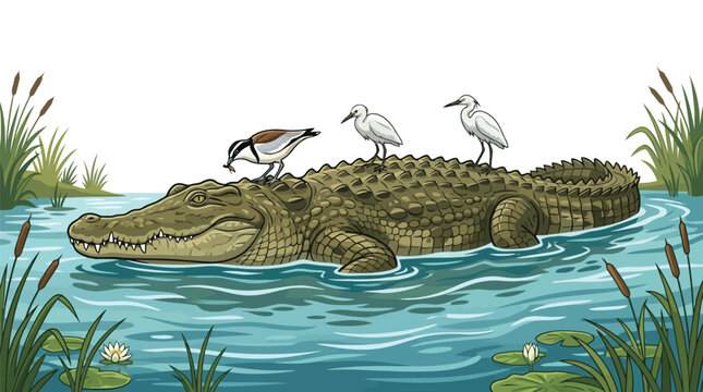 Cute alligator swimming in water with birds illustration vector graphic isolated on white background