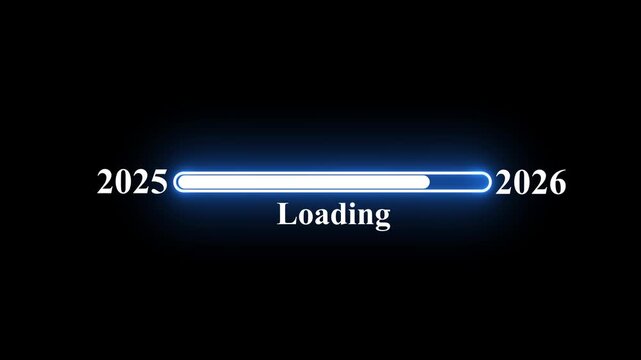 New Year 2026 loading bar animation with smooth transition from 2025 to 2026. Glowing progress bar effect almost reaching the New Year on dark black background.