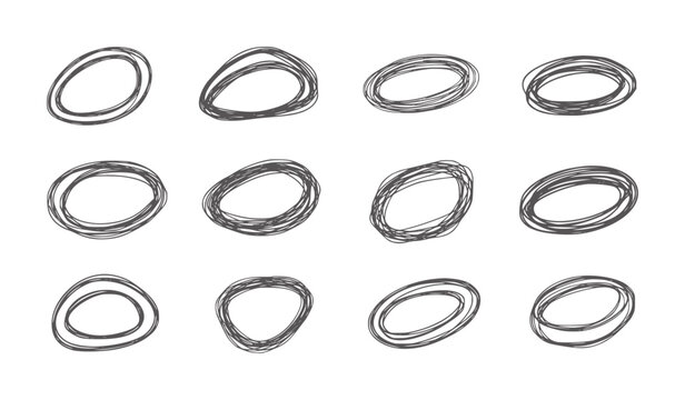 Twelve hand drawn oval scribbles in grey a white