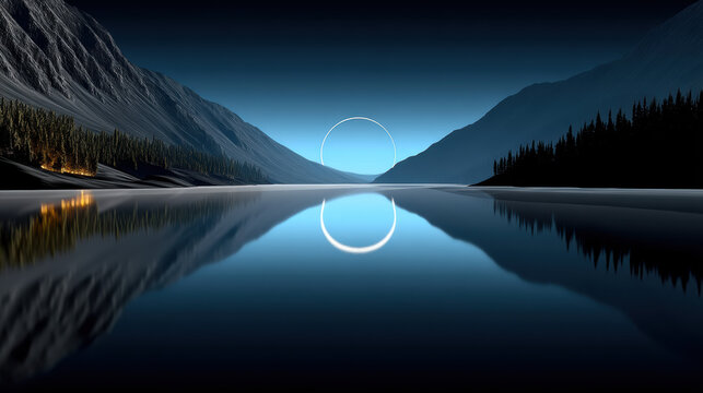 Serene mountain lake pine forest glowing ring calm water night sky reflection digital art tranquil mood