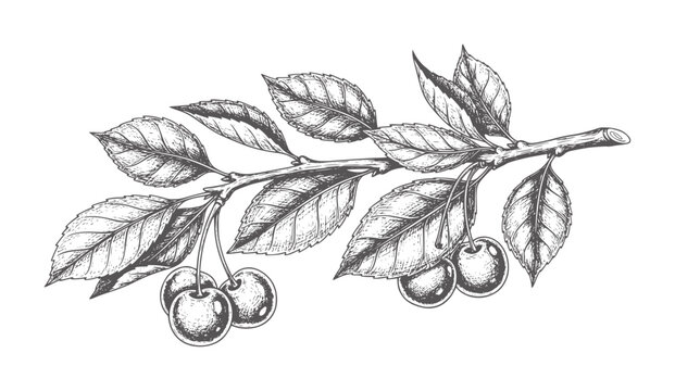 Vintage black and white of cherry branch with leaves and fruit leaf