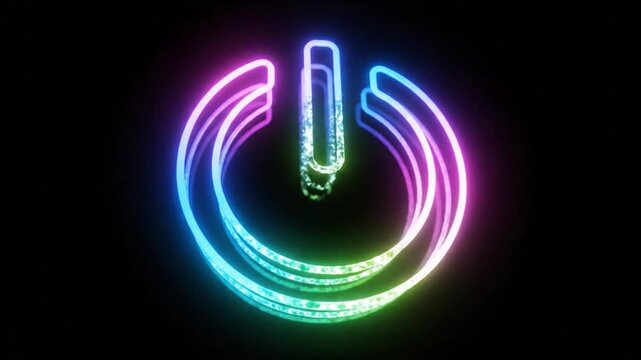 Neon power button symbol design with rotating light glow effect isolated on black background