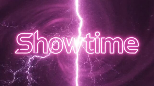Neon Showtime text with dramatic electrical energy effect and swirling abstract background.