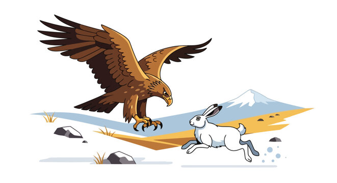 Eagle hunting rabbit illustration with dynamic action and mountain background isolated on white background