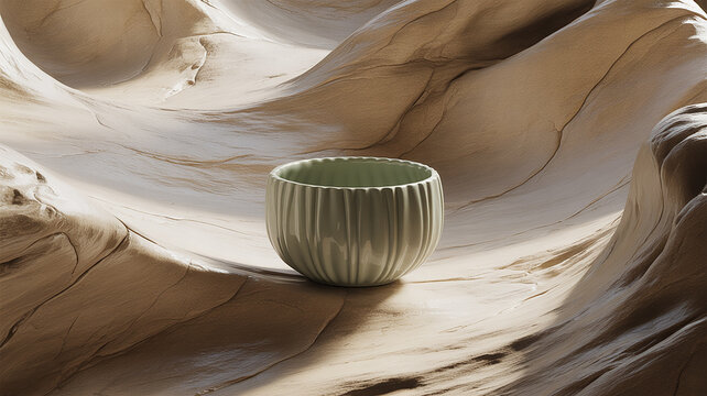 Ribbed ceramic bowl on sculptural sand texture with sculptural minimalist tabletop sculpture interior lifestyle photography handcrafted