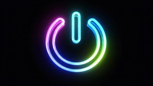 Neon illuminated power button animation on black background representing technology startup and computer turning on