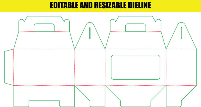 Custom paper handle box dieline with viewing window for gift and bakery product packaging design