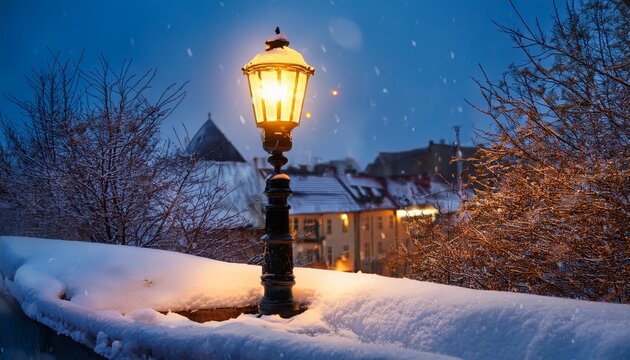 illuminated vintage street lamp glows on a snowy evening in a quiet town