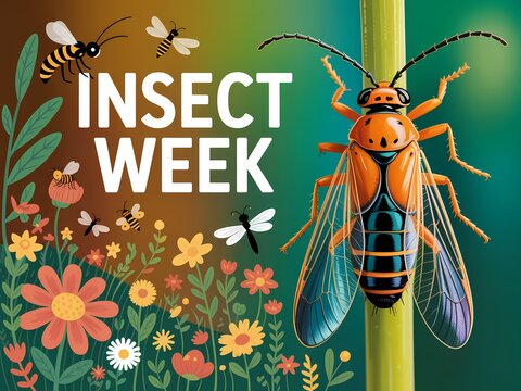 Insect week poster design with a large orange and black insect on a plant stem surrounded by colorful flowers and small bees