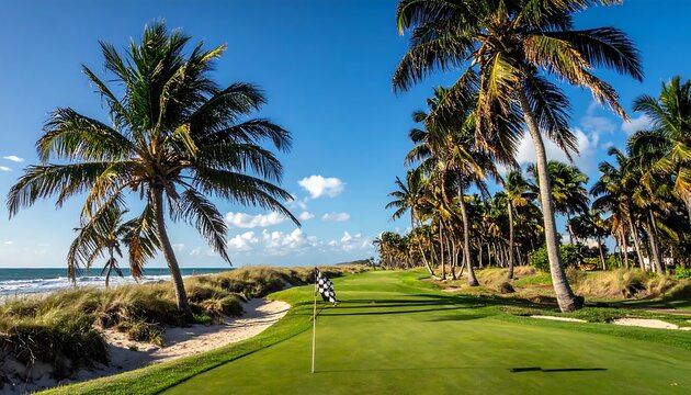 Tropical palm tree lined coastal pathway.