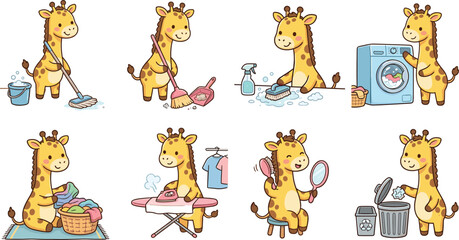 Obraz premium Cute Cartoon Giraffe Mascot Character Doing Housework Housekeeping Chores Cleaning Laundry Washing and Ironing Vector Sticker Graphic Designs