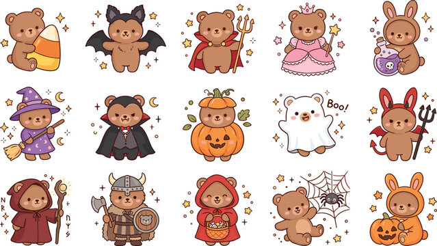 Cute Cartoon Halloween Bear and Bunny Character Sticker Set with Spooky Costumes Witch Ghost Pumpkin and Vampire Illustrations