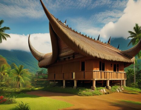 traditional rumah gadang house with curved buffalo horn roof in west sumatra indonesia generative ai