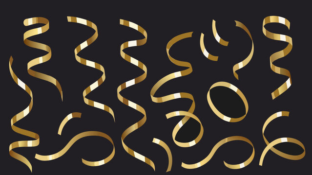 Golden curly ribbons illustration with soft shadows against a dark background creating a festive design gold decorative streamers curled wavy sinuous