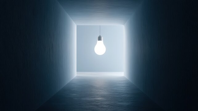 Bright bulb at end of dark corridor, solution finding, hope, leadership, escaping uncertainty concept