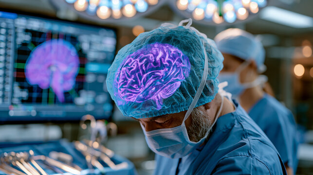 Surgical team preparing deep brain stimulation equipment in a hospital operating suite under sterile overhead illumination, neurosurgeon reviewing three-dimensional brain target coordinates on a dis