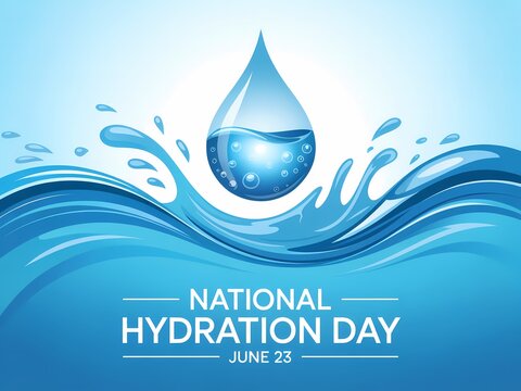 National hydration day banner with a large water drop and splashing waves on a blue background