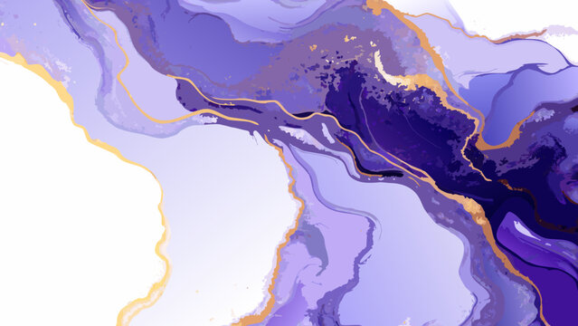 Purple and gold abstract watercolor pattern with flowing shapes and marbled textures on a white background violet lavender golden texture liquid