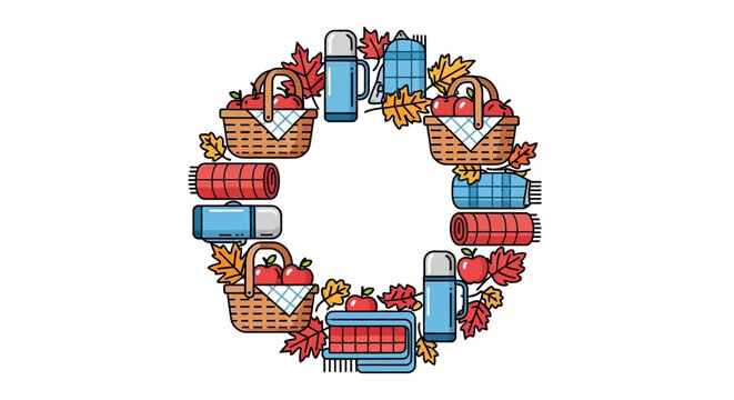 Autumn Picnic Wreath with Apples, Baskets and Thermos Isolated on White