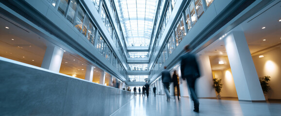 Obraz premium Modern building interior with glass ceiling and blurred business people walking in spacious corridor