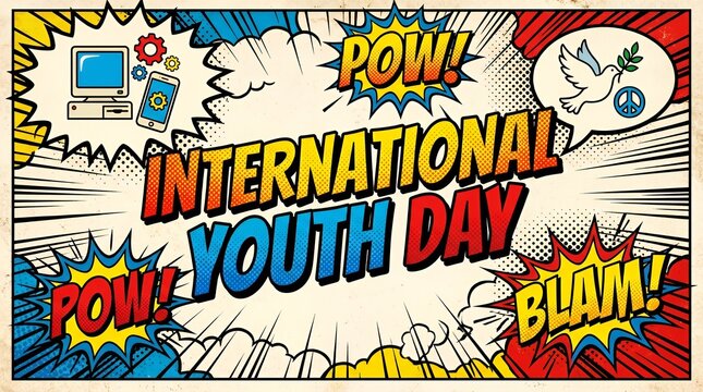 Pop art comic style International Youth Day celebration banner.
