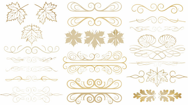 Golden floral ornament and maple leaf collection a decorative vector illustration on a white background acanthus arabesque autumn beige botanical branch