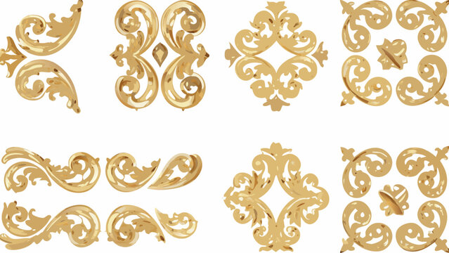 Golden floral ornaments arranged in a repeating pattern on a white background showcasing baroque detailing acanthus arabesque beige botanical brocade curlicue