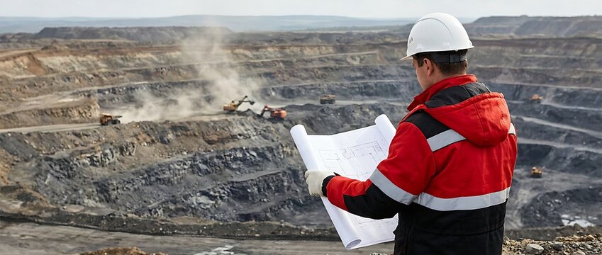 Mining engineer reviews plans in hand against backdrop of vast open cast mine with active excavators and haul trucks.