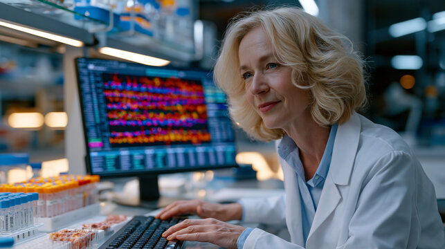 Molecular gerontologist in her fifties reviews NAD biosynthesis pathway models on a laboratory display during early morning, her bench covered with coenzyme assay kits, aging tissue samples, and lon