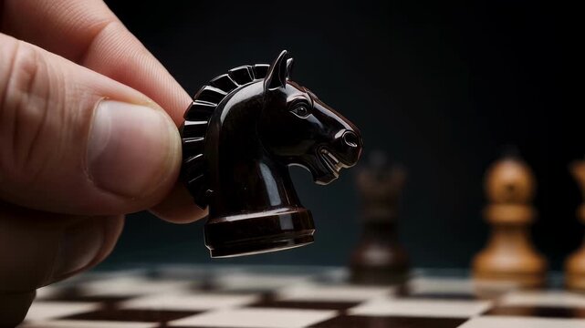 Hand holds black knight chess piece above chessboard while making strategic move. Focus on game setup with blurred background. Concept of chess, gaming, strategy