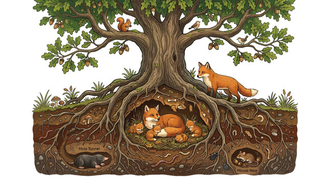 Whimsical foxes and woodland creatures living inside tree roots underground illustration isolated on white background