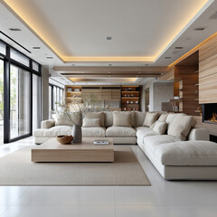 Obraz premium Luxurious modern living room with large white sectional sofa, wooden coffee table, soft lighting, and minimalist decor