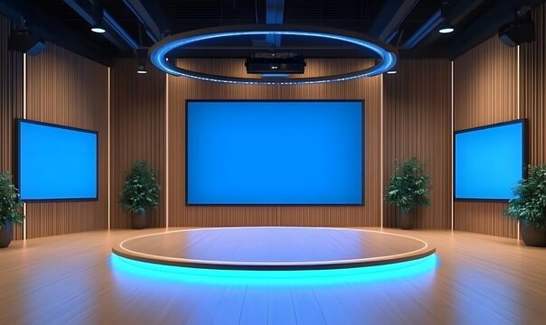 Modern television studio with bright blue screens and illuminated stage for broadcasting.