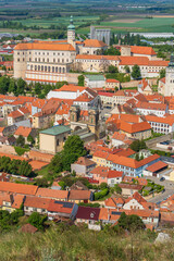 Naklejka premium an aerial panorama of the historical town of Mikulov and the majestic Mikulov Castle (Zámek Mikulov), located in the South Moravian Region of the Czech Republic