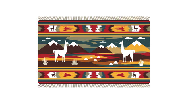 Vibrant traditional llama and mountain scene textile pattern with colorful geometric isolated on white background
