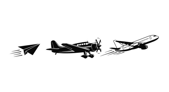 Vector illustration of evolution of flight from paper airplane to propeller plane and jet aircraft on a transparent background