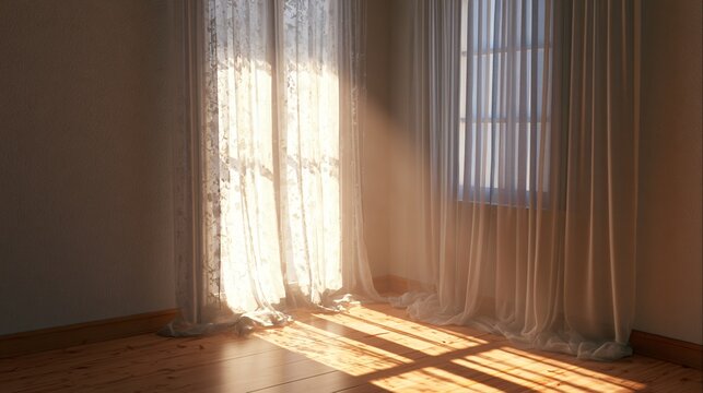 Serene Room with Bright Sunlight Streaming Through Sheer Curtains