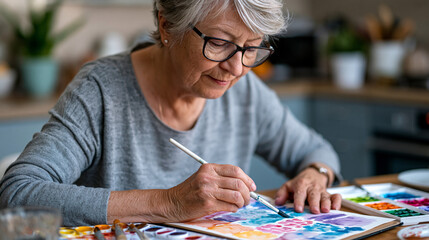 Fototapeta premium Elderly retired teacher in her late seventies sits at a kitchen table in early morning mist light, carefully practicing beginner watercolor techniques, her focused concentration and deliberate brush