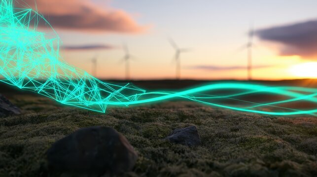 A futuristic green energy graphic overlaying a serene wind farm landscape at sunset