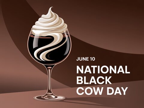 National black cow day june 10 celebration poster with a glass of root beer float with whipped cream on brown background