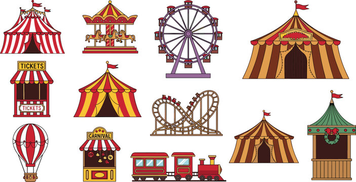 Vintage Amusement Park and Carnival Vector Element Set Featuring Circus Tents Ferris Wheel Carousel Rollercoaster and Ticket Booths