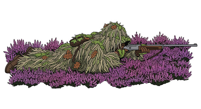 Military sniper camouflage soldier lying prone with rifle on purple flowers illustration isolated on white background