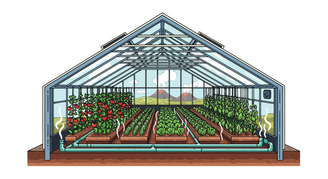 Modern greenhouse illustration with plants and hydroponic system for urban farming concept isolated on white background