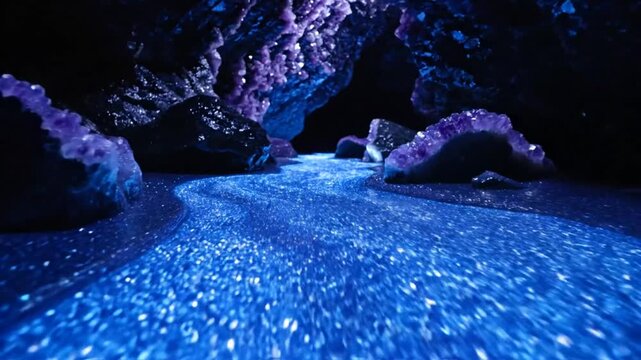 Mystical cave scene with sparkling blue water and amethyst geodes creating a magical, dreamlike landscape.