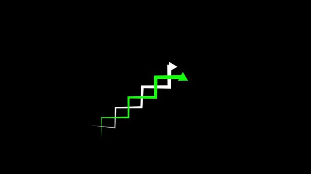 Green and white zigzag arrows moving upward as a business growth chart on black background