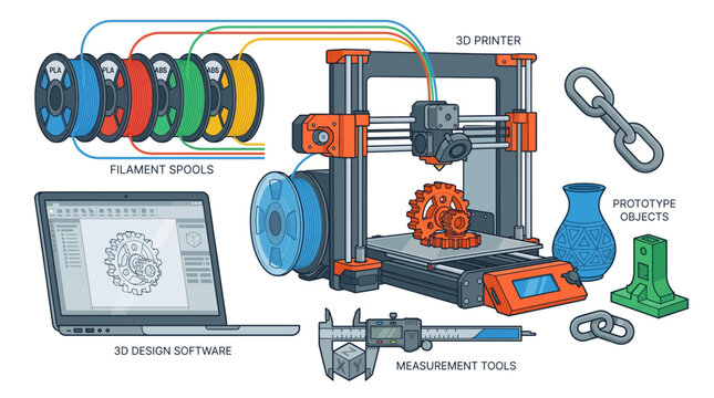 3D printing additive manufacturing collection with printer filament spools and printed prototype objects vector set
