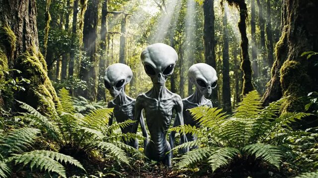 Three extraterrestrial grey aliens emerging from lush green jungle forest with sunlight beams and mystery